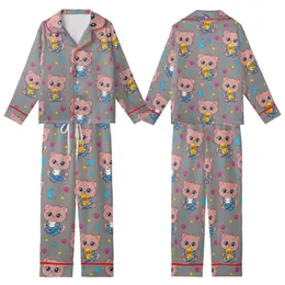 Kitten Lovers' Cute Cartoon Brownish-Pink Fluffy Kittens in Royal Blue Star Pajamas, Grey Pattern Kid Satin Pajamas Set
