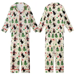 Cat Lovers' Whimsical Christmas Black Cats Pattern, Light Cream Festive Illustration, Red Green Yellow Kid Satin Pajamas Set