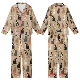 Cat Lovers' Warm Beige Seamless Pattern Diverse Rear-View Cats Calico Tabby Tuxedo Cream Black Gray Brown Fur Kid Satin Pajamas Set