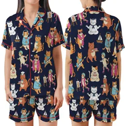 Cat Lovers' Whimsical Cartoon Cat Ensemble Playing Music Baking Sailing DJing on Deep Navy Satin Short-Sleeve Pajamas Set