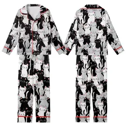 Cat Lovers' Whimsical Black White Grey Cartoon Cat All-Over Print Pink Ears Blue Eyes Pattern Kid Satin Pajamas Set