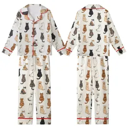 Cat Lovers' Seamless Illustrative Cats Pattern Warm Brown Tan Grey Black White Calico Tortoiseshell Bow Ties Cream Kid Satin Pajamas Set