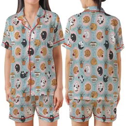 Cat Lovers' Whimsical Illustrative Cat Pattern, Powder Blue, Ginger Tabby Mixed Cats, Pastel Pink Teal Accents Satin Short-Sleeve Pajamas Set