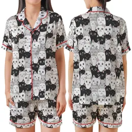 Cat Lovers' Whimsical Black White Gray Pink Cartoon Cat Faces Curious Smiling Sleepy Pattern Satin Short-Sleeve Pajamas Set