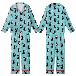 Cat Lovers' Playful Black Cats White Crescent Moons Twinkle Stars Light Aqua Whimsical Pattern Kid Satin Pajamas Set