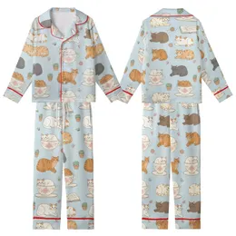 Cat Lovers' Whimsical Pastel Blue Feline Teacup & Succulent Repeat Pattern Kid Satin Pajamas Set