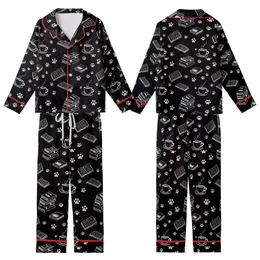 Cozy Lifestyle Lovers Rustic Black White Hand-Drawn Coffee Book Paw Print Pattern Kid Satin Pajamas Set