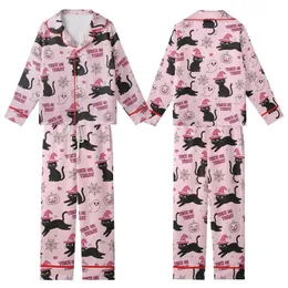 Halloween Cat Lovers' Whimsical Light Pink Black Cat Bright Pink Witch Hat All-Over Pattern with Jack-O'-Lanterns and Ghosts Kid Satin Pajamas Set
