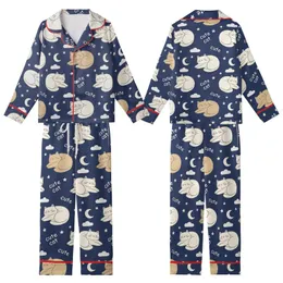 Cat Lovers' Whimsical Hand-Drawn Sleepy Cartoon Cats Navy Blue Off-White Tan Pink Pattern with Moons Stars Kid Satin Pajamas Set