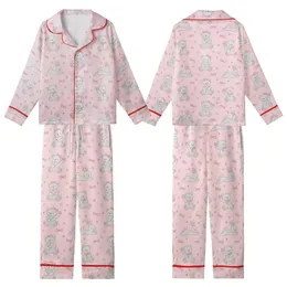 Whimsical Hearts' Charming Hand-Drawn Pastel Pink Scattered Teddy Bear Bunny Whimsical Bow Star Pattern Kid Satin Pajamas Set