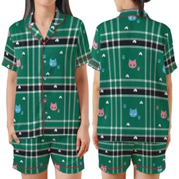 Cat Lovers' Bold Green Black White Tartan Plaid Pink Blue Stylized Cat Heads & Paw Prints Graphic Satin Short-Sleeve Pajamas Set
