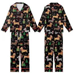 Dog Owners' Cute Cartoon Black Christmas Dog Pattern with Festive Santa Hats & Candy Canes Kid Satin Pajamas Set