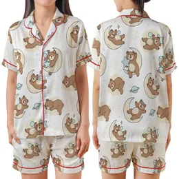 Whimsical Art Lovers' Warm Brown Sleepy Bear Celestial Moon Star Pastel Blue White Print Satin Short-Sleeve Pajamas Set