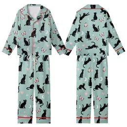 Cat Lovers' Whimsical Dreamy Light Teal Scattered Black Cat Pale Pink Butterfly Heart Star Pattern Kid Satin Pajamas Set