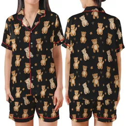 Sweet Style Enthusiasts' Charcoal Black Plush Caramel Bear Hearts Orange Flowers Seamless Pattern Satin Short-Sleeve Pajamas Set