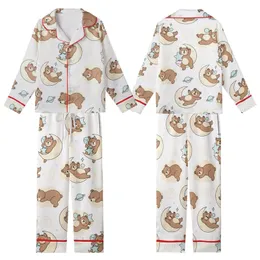 Whimsical Art Lovers' Warm Brown Sleepy Bear Celestial Moon Star Pastel Blue White Print Kid Satin Pajamas Set