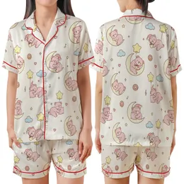 Kawaii Aesthetic Lovers Seamless Pastel Pink Bear Dreamland Pattern with Stars, Moons & Hot Cocoa on Creamy Off-White Satin Short-Sleeve Pajamas Set