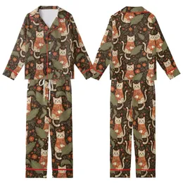 Vintage Style Cat Lovers' Seamless Vintage Botanical Tabby Cat & Autumn Floral Pattern in Muted Olive, Burnt Orange, Dark Brown Kid Satin Pajamas Set