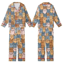 Cat Lovers' All-Over Seamless Cute Expressive Cartoon Cats Pattern, Flat Vector Art, Peach, Blue, Caramel, Pink on White Kid Satin Pajamas Set