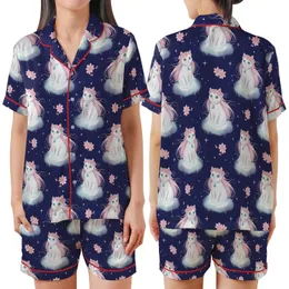 Cat Lovers' Dreamy Whimsical White Cats Teal Eyes Pink Flower Crowns Indigo Cherry Blossom Pattern Satin Short-Sleeve Pajamas Set