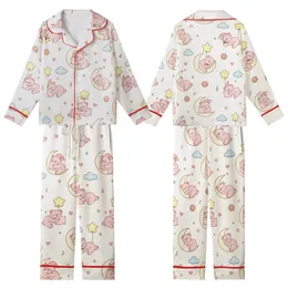 Kawaii Aesthetic Lovers Seamless Pastel Pink Bear Dreamland Pattern with Stars, Moons & Hot Cocoa on Creamy Off-White Kid Satin Pajamas Set
