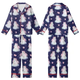 Cat Lovers' Dreamy Whimsical White Cats Teal Eyes Pink Flower Crowns Indigo Cherry Blossom Pattern Kid Satin Pajamas Set