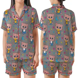 Kitten Lovers' Cute Cartoon Brownish-Pink Fluffy Kittens in Royal Blue Star Pajamas, Grey Pattern Satin Short-Sleeve Pajamas Set