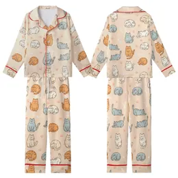 Cat Lovers' Whimsical Plump Cartoon Cats Seamless Pattern in Pastel Grey-Blue Ginger Cream, Pale Peach Background, Paw Prints & Fish Bones Kid Satin Pajamas Set