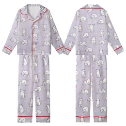Cat Lovers' Whimsical Lavender Playful White Outline Cartoon Cat Pink Polka Dot Pattern Kid Satin Pajamas Set