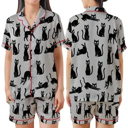 Cat Lovers' Whimsical Black Cat Pattern on Light Heather Gray, Playful Poses, White Eyes, Teal Pupils, Cartoon Style Satin Short-Sleeve Pajamas Set