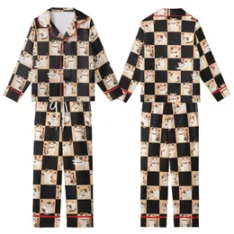 Cat Lovers' Whimsical Jet Black Peachy-Orange Checkerboard Cartoon Cat Heart Pattern Kid Satin Pajamas Set