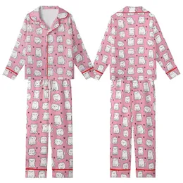 Cat Lovers' Vibrant Bubblegum Pink Whimsical White Cartoon Cat Pattern with Black Outlines & Paw Prints Kid Satin Pajamas Set