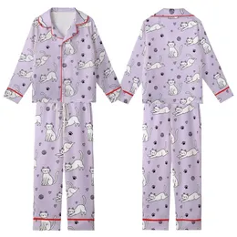 Cat Lovers' Whimsical Flat White Cartoon Cats, Black Paw Prints & Yarn Balls on Light Lavender Pattern Kid Satin Pajamas Set