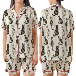 Cat Lovers' Seamless Illustrative Cats Pattern Warm Brown Tan Grey Black White Calico Tortoiseshell Bow Ties Cream Satin Short-Sleeve Pajamas Set