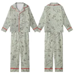 Cat Lovers' Whimsical Hand-Drawn Sketchy Cats Dark Brown Line Art Pale Sage Green Seamless Pattern Kid Satin Pajamas Set