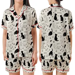 Cat Lovers' Whimsical Hand-Drawn Black Doodle Cats Soft Cream Seamless Pattern, Stars, Fishbones, Yarn, Meow Purr Satin Short-Sleeve Pajamas Set