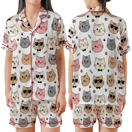Cat Lovers' Kawaii Cat Faces All-Over Print: Pink, Beige, Grey Cats with Bow Ties, Heart Sunglasses Satin Short-Sleeve Pajamas Set
