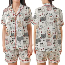 Cat Lovers' Whimsical Flat Cartoon Cats Seamless Pattern with Red Bow Ties, Pink Sunglasses, Yarn Balls, Off-White, Pink, Grey Hues Satin Short-Sleeve Pajamas Set