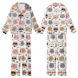 Cat Lovers' Kawaii Cat Faces All-Over Print: Pink, Beige, Grey Cats with Bow Ties, Heart Sunglasses Kid Satin Pajamas Set