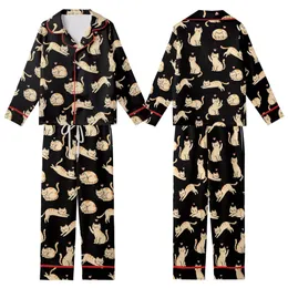 Cat Lovers' Whimsical Black Seamless Pattern with White & Orange-Tan Flat Cartoon Cats & Pink Accents Kid Satin Pajamas Set