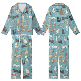 Cat Lovers' Whimsical Illustrative Feline Seamless Pattern, Robin's Egg Blue, Cream Gray Ginger Cats, Flat Art Style Kid Satin Pajamas Set