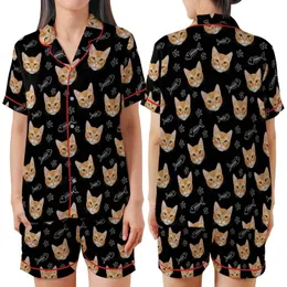 Cat Lovers' Black Whimsical Photo-Realistic Ginger Cat Faces & Hand-Drawn White Fish Skeletons Pattern Satin Short-Sleeve Pajamas Set