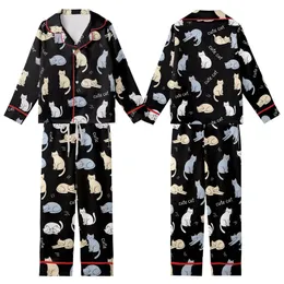 Cat Lovers' Seamless Black Playful Cartoon Cats Beige Blue-Grey Flat Art Whimsical 'Cute Cat' Pattern Kid Satin Pajamas Set
