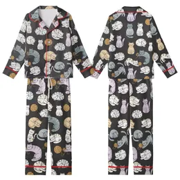 Cat Lovers' Whimsical Cartoon Cats Seamless All-Over Pattern Deep Black Soft Grey Blue Lavender Pink Kid Satin Pajamas Set