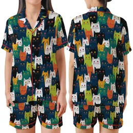 Cat Lovers' Whimsical Folk Art Cats Dense Pattern Hand-Drawn Illustrative Peeking Feline Faces Black Blue White Orange Teal Yellow Pink Satin Short-Sleeve Pajamas Set
