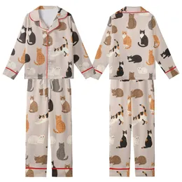 Cat Lovers' Whimsical Painterly Cat Pattern with Diverse Calico Tabby Tuxedo Felines on Soft Beige-Pink Kid Satin Pajamas Set