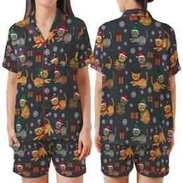Cat Lovers' Whimsical Flat Cartoon Kittens Festive Christmas Santa Hats Snowflakes Dark Grey Pattern Satin Short-Sleeve Pajamas Set