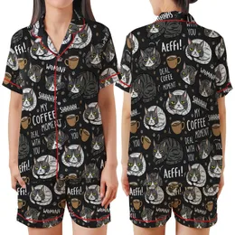 Cat & Coffee Lovers' Grumpy Tabby Cats & Coffee Cups Charcoal Black All Over Illustrative Pattern with Yellow Eyes Satin Short-Sleeve Pajamas Set