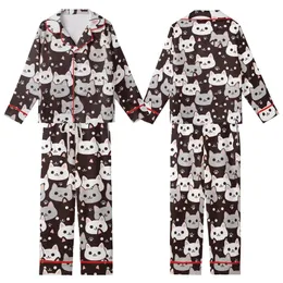 Cat Lovers' Playful Cartoon Feline Faces Seamless Pattern Dark Brown White Pink Kid Satin Pajamas Set