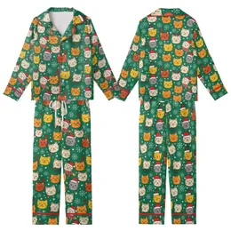 Cat Lovers' Vibrant Emerald Green Flat Graphic Cartoon Cat Faces Festive Santa Elf Hat Antlers Snowflakes Pattern Kid Satin Pajamas Set